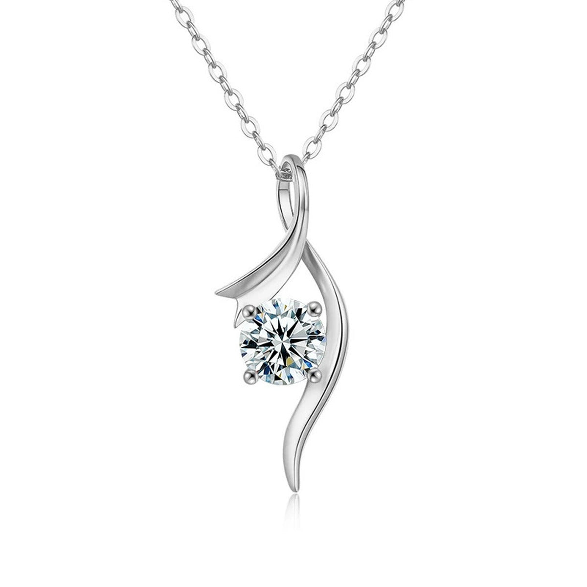 Ribbon Twist Round Moissanite Necklace in Gold-Plated S925 sterling silver white background product photo showing ribbon twist pendant with a 1 ct round moissanite center