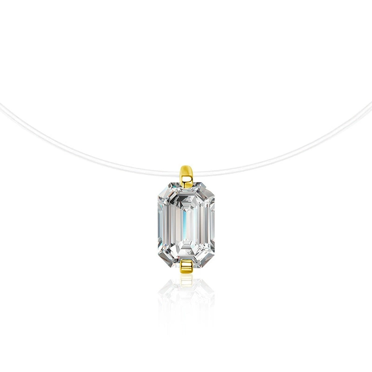 Emerald and Radiant Cut Moissanite Illusion Necklace in Gold-Plated S925 sterling silver white background front product view showing an elongated solitaire floating on a fine illusion line