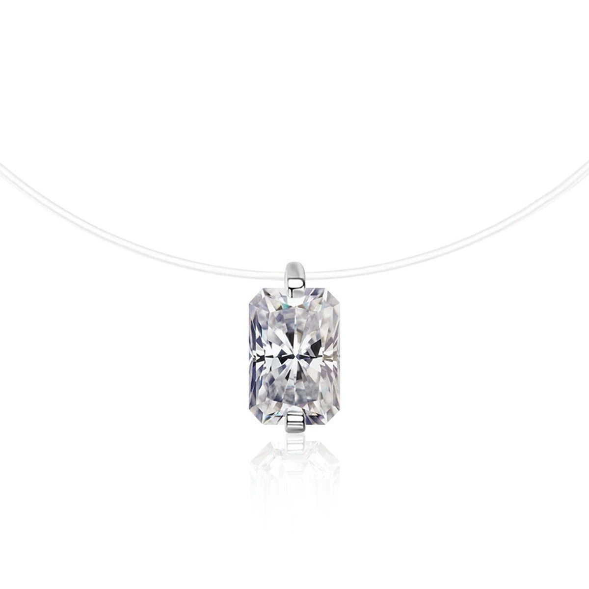 Emerald and Radiant Cut Moissanite Illusion Necklace in Gold-Plated S925 sterling silver alternate metal color white background product view showing an elongated solitaire floating on a fine illusion line