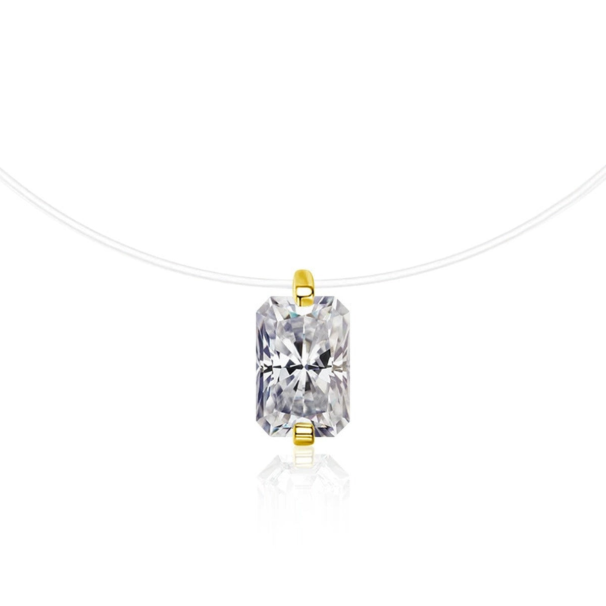 Emerald and Radiant Cut Moissanite Illusion Necklace in Gold-Plated S925 sterling silver alternate metal color white background product view showing an elongated solitaire floating on a fine illusion line