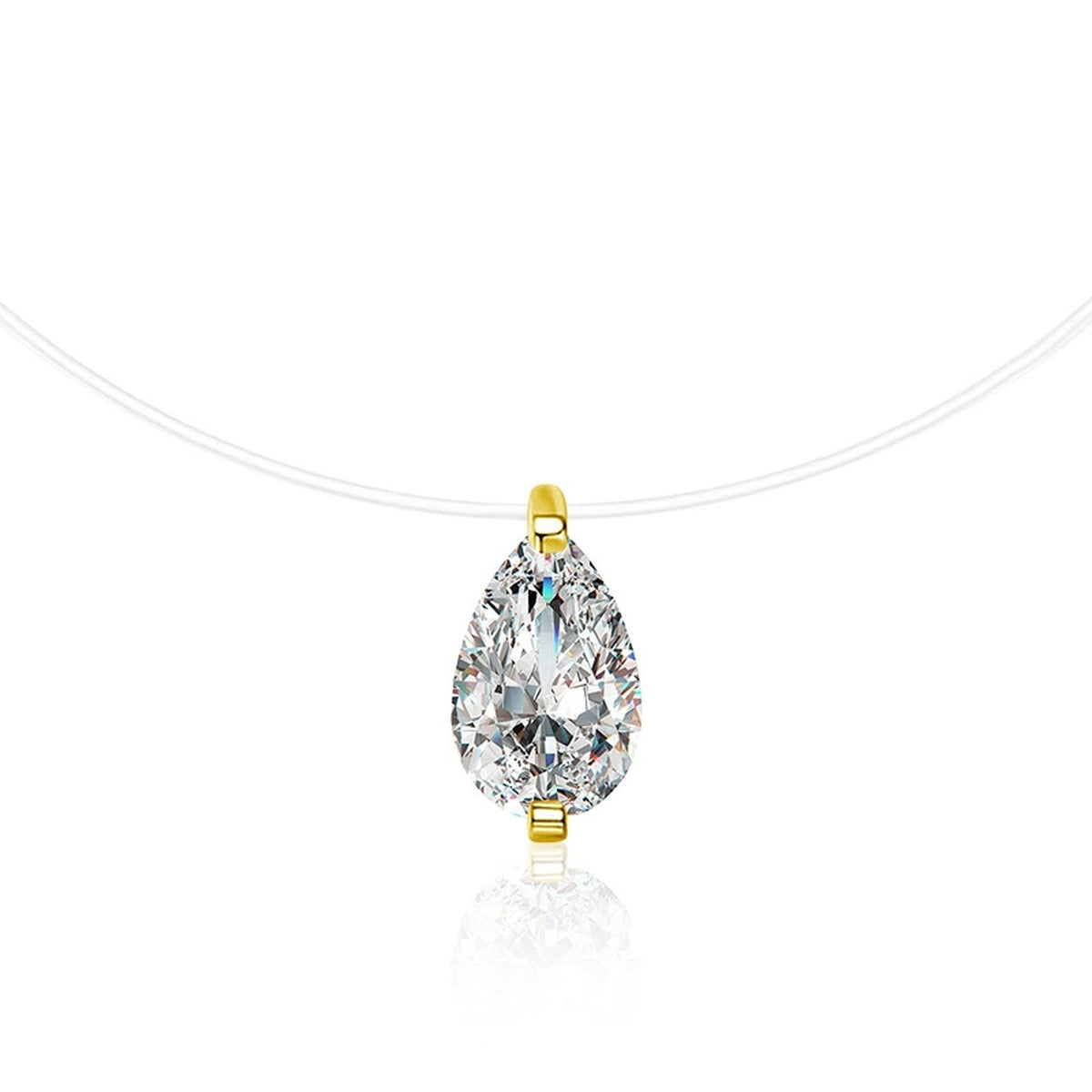 Pear Cut Moissanite Illusion Necklace in Gold-Plated S925 sterling silver white background front product view showing a pear-cut solitaire suspended from a fine illusion line