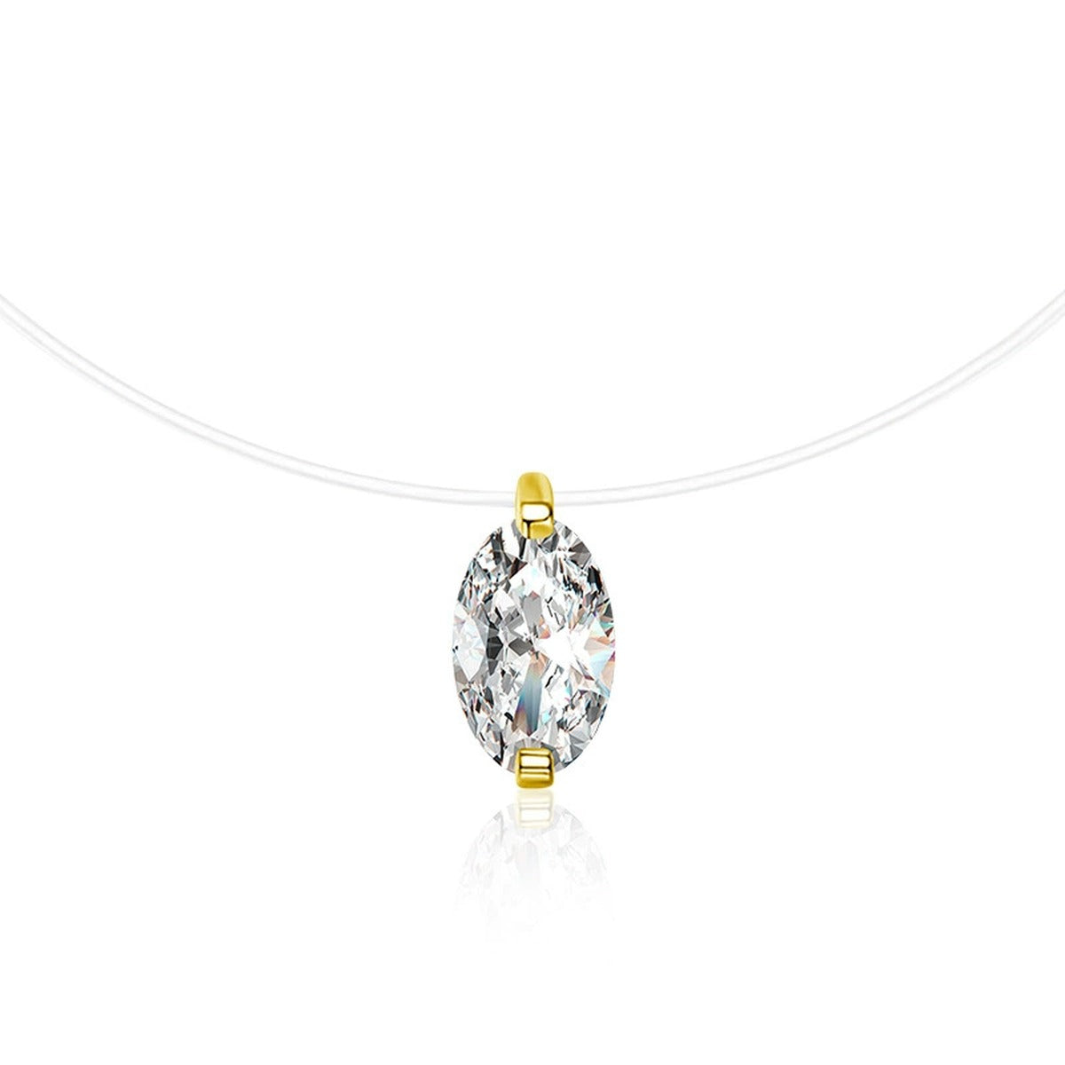 Oval Cut Moissanite Illusion Necklace in Gold-Plated S925 sterling silver white background front product view showing an oval-cut solitaire appearing to float at the neckline