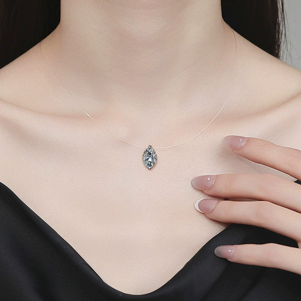 Oval Cut Moissanite Illusion Necklace in Gold-Plated S925 sterling silver neckline model view showing pendant scale and chain length