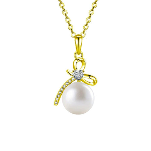 Bowknot Pearl Heart Cut Moissanite Necklace with CZ in Gold-Plated S925 sterling silver white background product photo showing bowknot pendant with a heart-cut moissanite, pearl drop and CZ accents