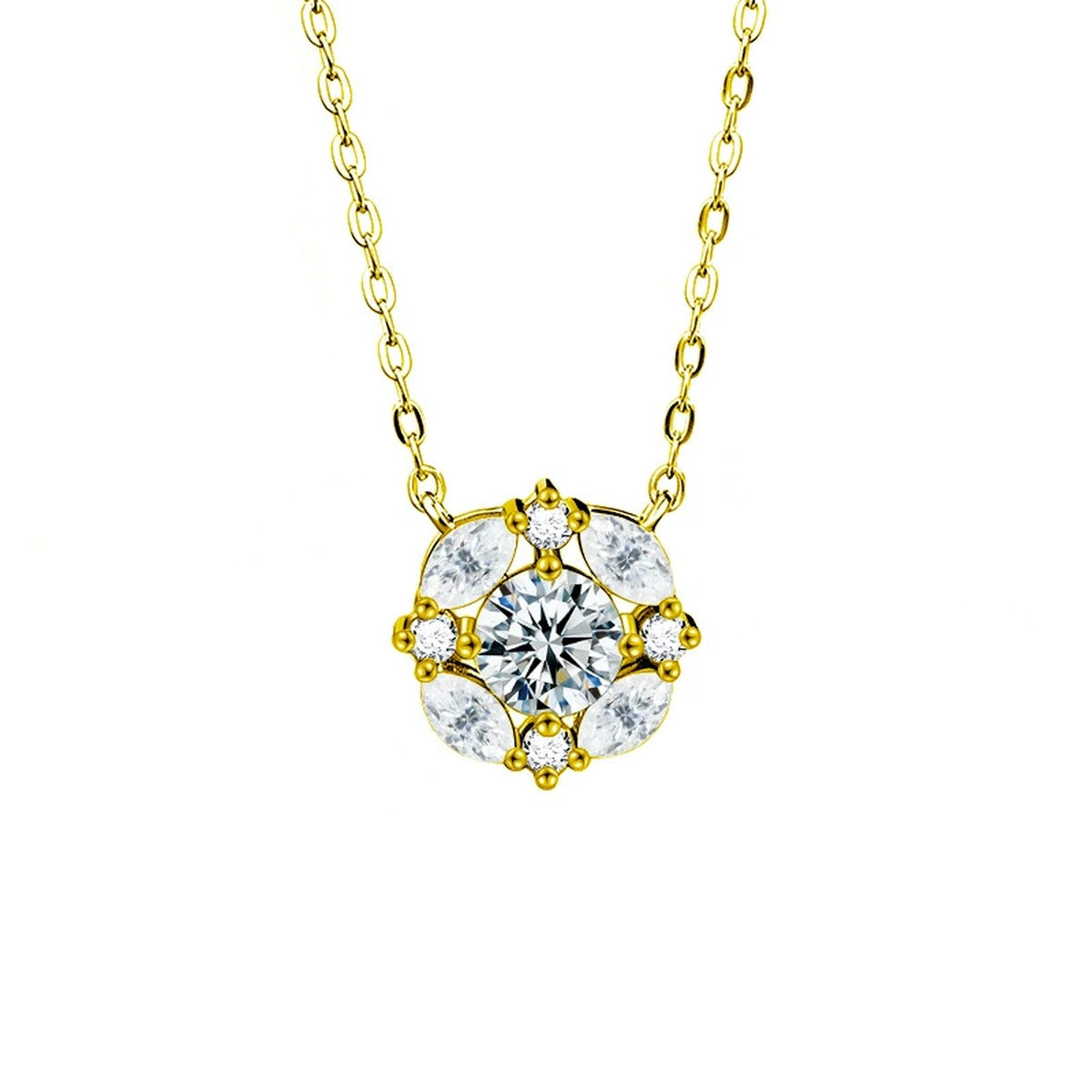 Floral Halo Round Moissanite Necklace with CZ in Gold-Plated S925 sterling silver white background front product view showing a round center stone framed by a petal-like floral halo