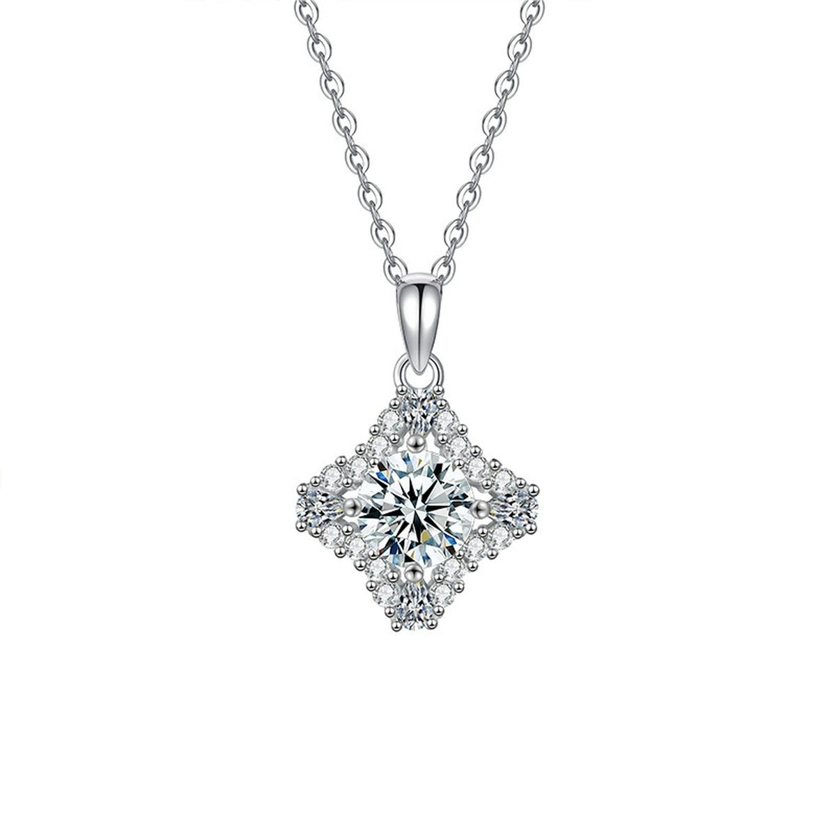 Four-Point Star Round Moissanite Necklace with CZ in Gold-Plated S925 sterling silver white background product photo showing four-point star pendant with a 1 ct round moissanite and CZ accents