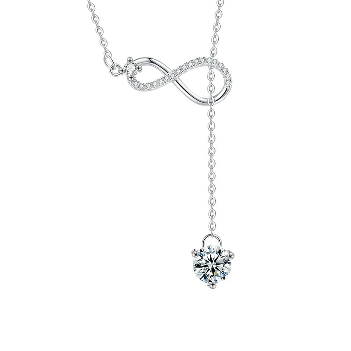 Infinity Drop Round Moissanite Necklace with CZ in Gold-Plated S925 sterling silver alternate metal color white background product view showing elongated infinity-inspired pendant ending in a round moissanite drop