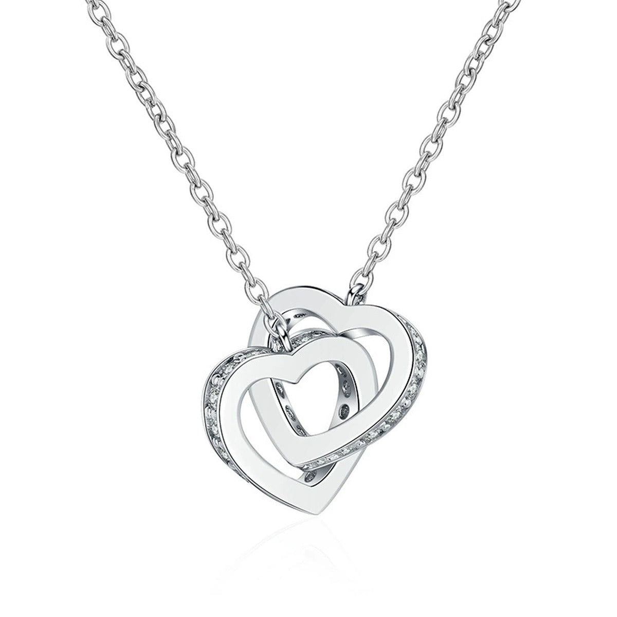 Interlocking Heart Moissanite Necklace in White Gold-Plated S925 sterling silver white background front product view showing two interlocking hearts traced with small round moissanite