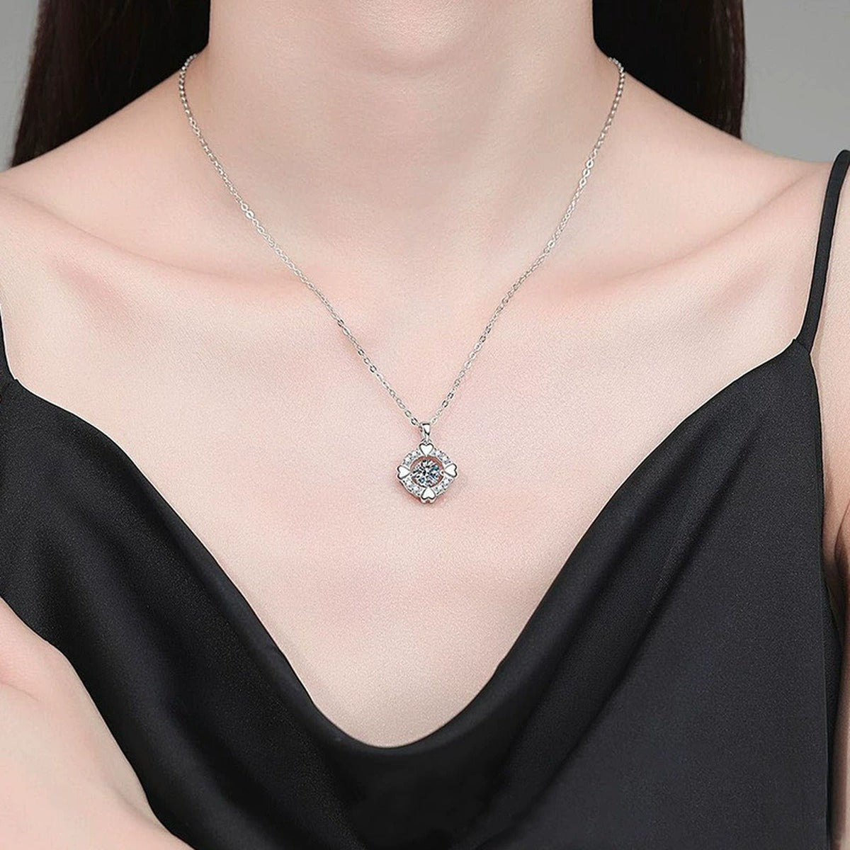 Heart Circle Round Moissanite Necklace with CZ in Gold-Plated S925 sterling silver neckline model view showing pendant scale and chain length