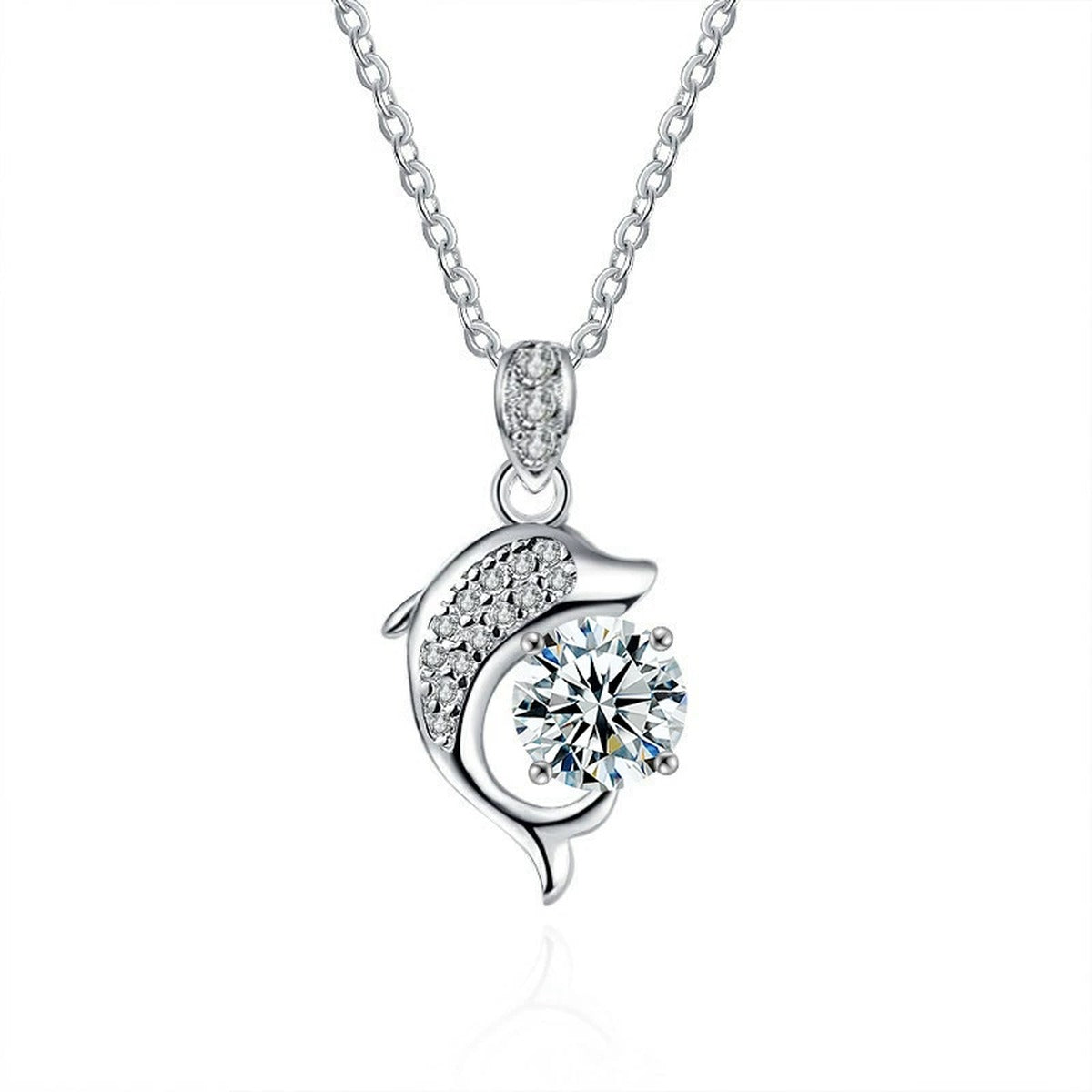 Dolphin Round Moissanite Necklace with CZ in Gold-Plated S925 sterling silver white background product photo showing dolphin pendant with a 1 ct round moissanite and CZ accents