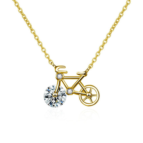Bicycle Round Moissanite Necklace in Gold-Plated S925 sterling silver white background front product view showing playful bicycle pendant with a round moissanite forming the front wheel