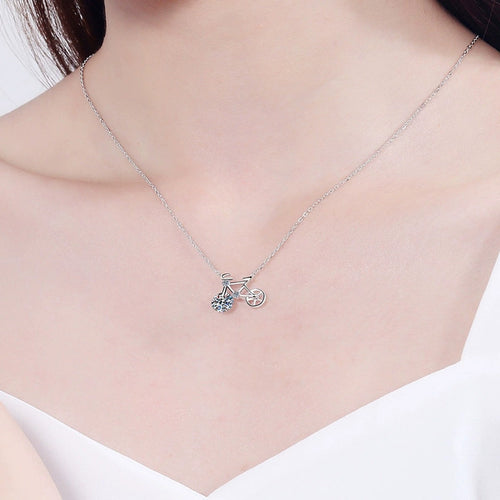 Bicycle Round Moissanite Necklace in Gold-Plated S925 sterling silver neckline model view showing pendant scale and chain length
