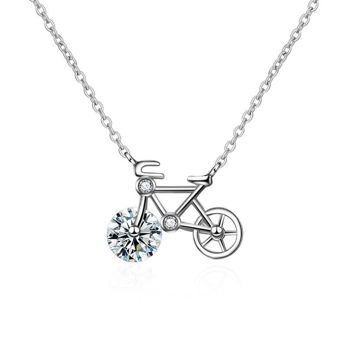 Bicycle Round Moissanite Necklace in Gold-Plated S925 sterling silver alternate metal color white background product view showing playful bicycle pendant with a round moissanite forming the front wheel