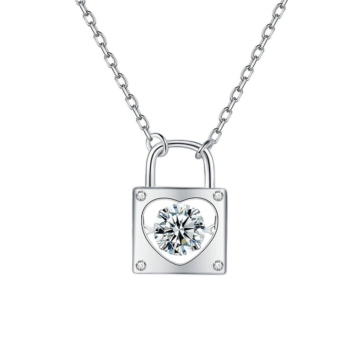Heart Lock Round Moissanite Necklace in Gold-Plated S925 sterling silver alternate metal color white background product view showing geometric padlock pendant centered with a heart-shaped round moissanite setting