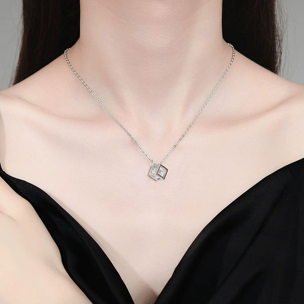 Open Cube Round Moissanite Necklace in Gold-Plated S925 sterling silver neckline model view showing pendant scale and chain length