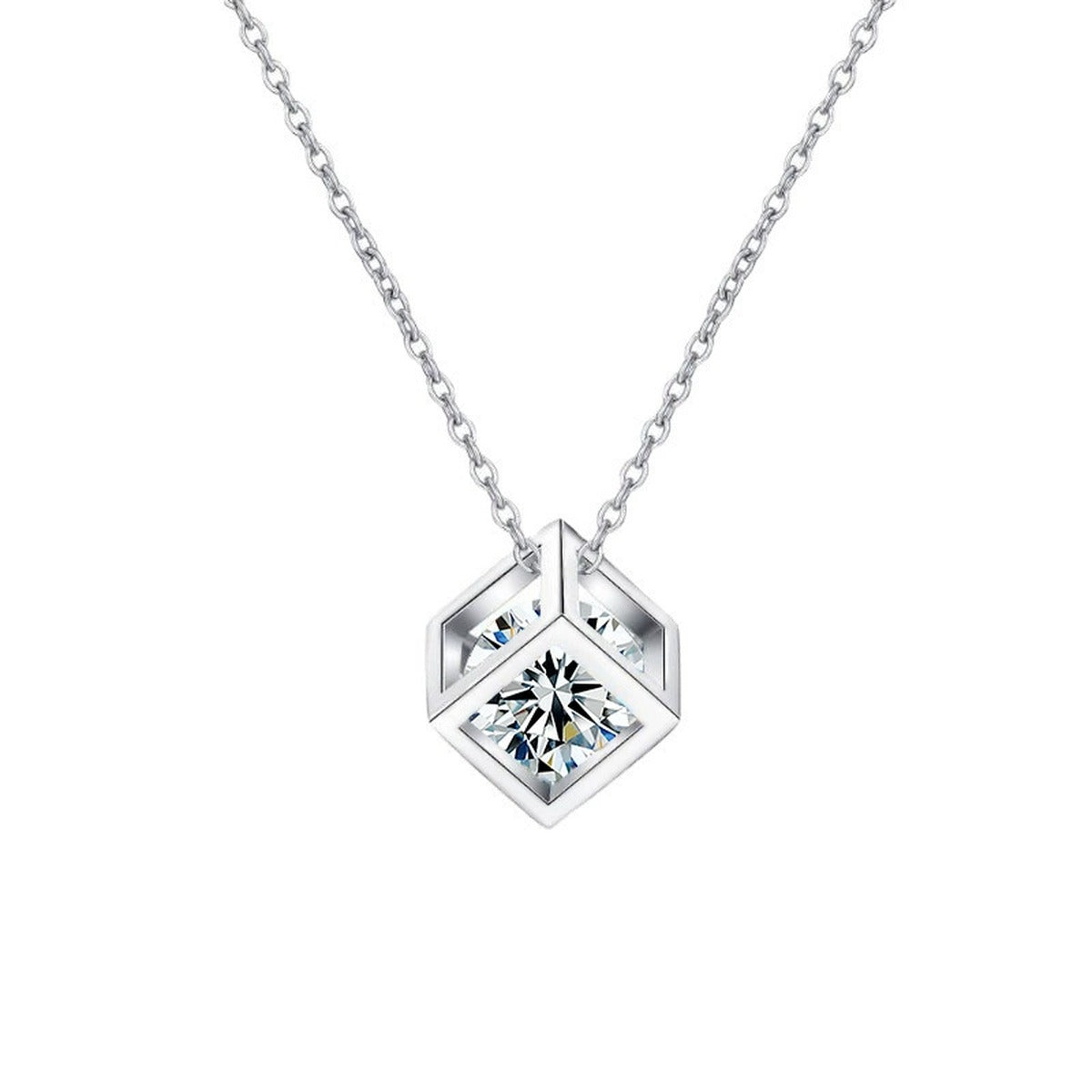 Open Cube Round Moissanite Necklace in Gold-Plated S925 sterling silver alternate metal color white background product view showing open geometric cube pendant framing a round moissanite center