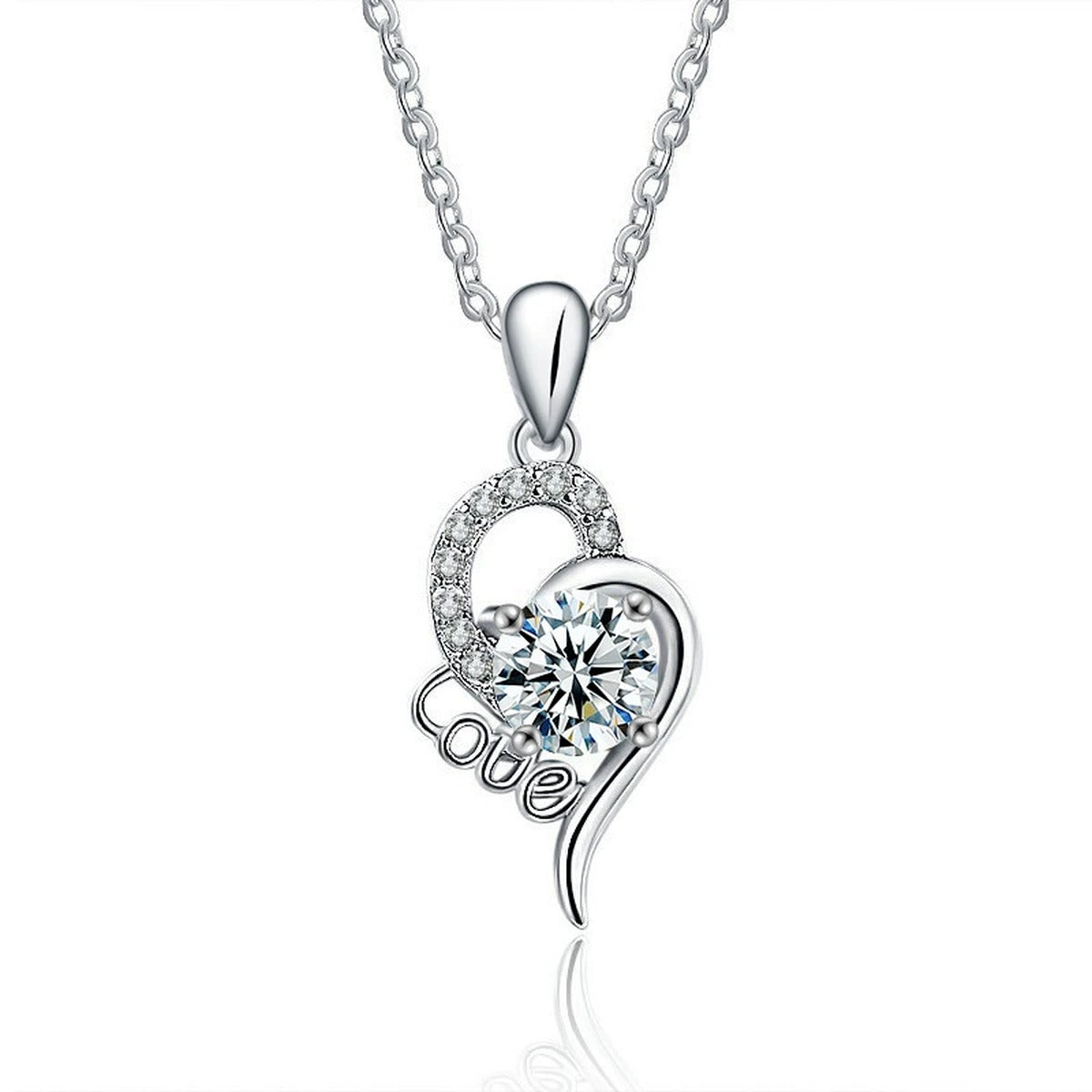 Love Heart Round Moissanite Necklace with CZ in Gold-Plated S925 sterling silver alternate metal color white background product view showing flowing LOVE-inspired heart pendant with a round moissanite and CZ accents