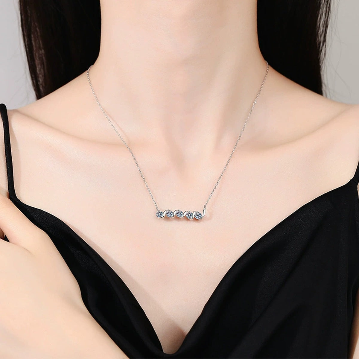 Spiral Five-Stone Round Moissanite Bar Necklace in Gold-Plated S925 sterling silver neckline model view showing pendant scale and chain length