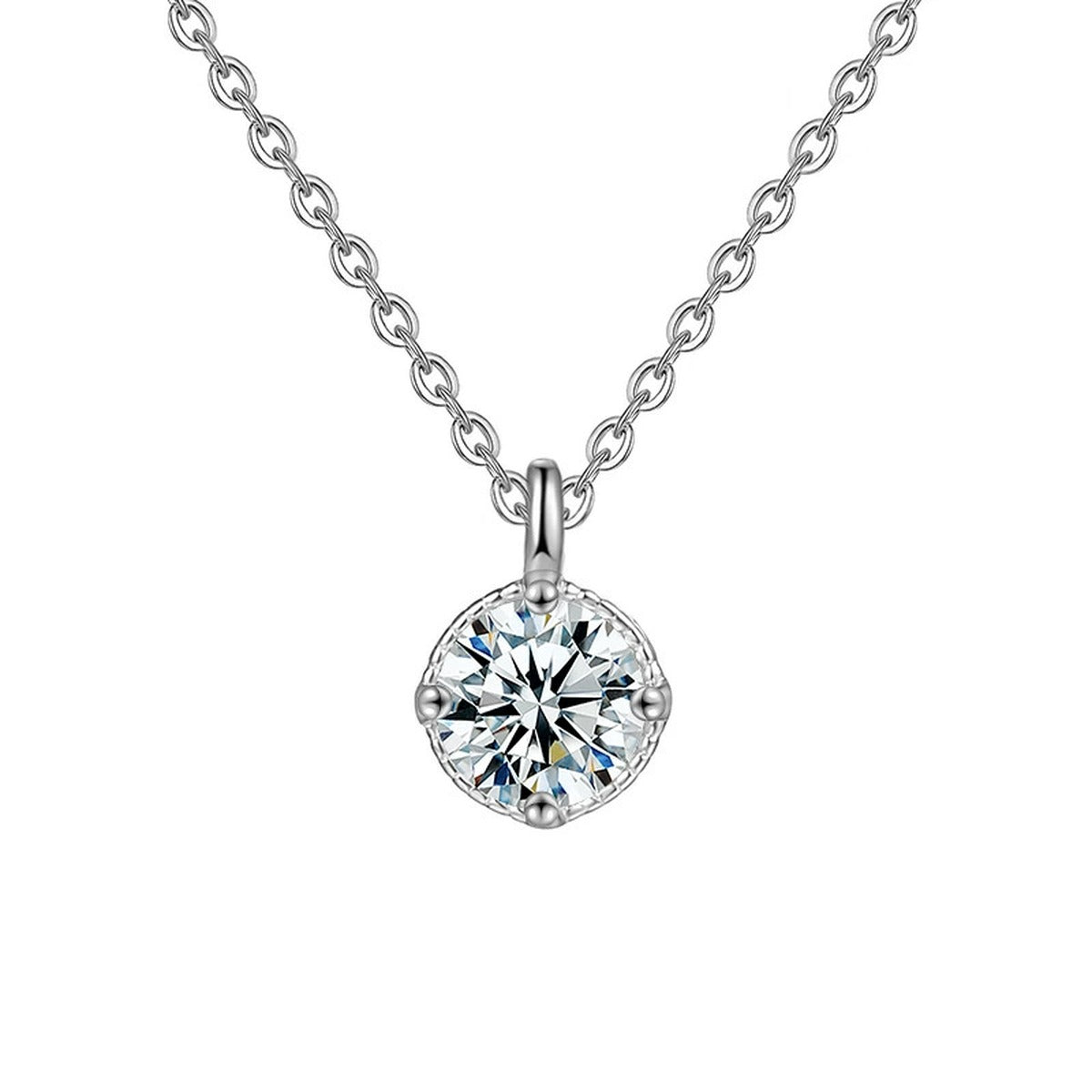 Round Halo Moissanite Solitaire Necklace in Gold-Plated S925 sterling silver alternate metal color white background product view showing round moissanite solitaire edged by a slender polished halo