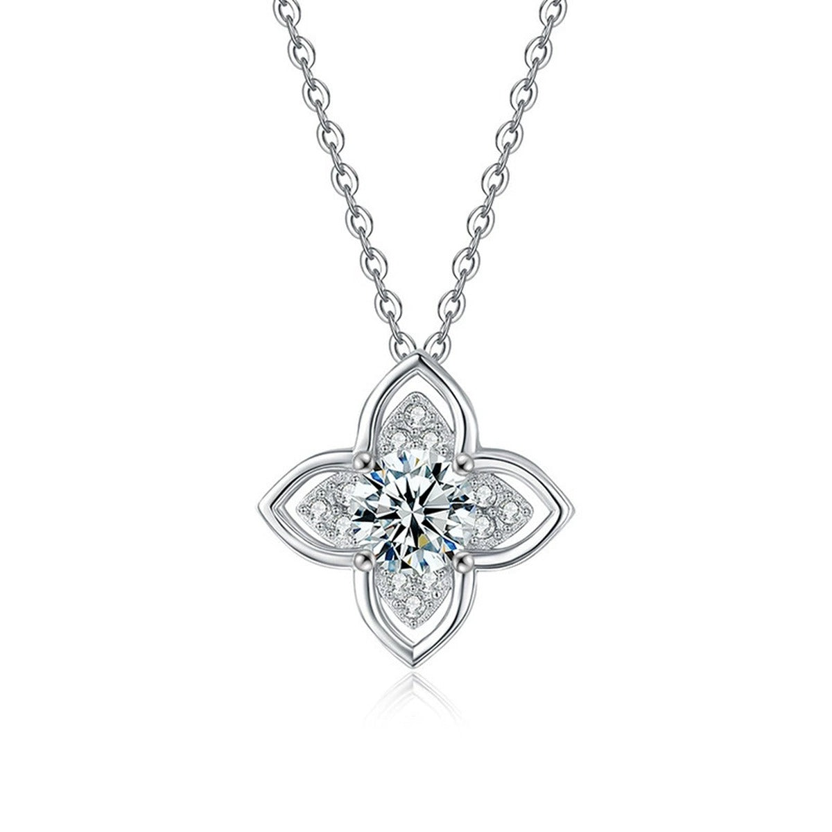 Four-Leaf Clover Round Moissanite Necklace with CZ in Gold-Plated S925 sterling silver alternate metal color white background product view showing four pointed clover petals framing a round moissanite center