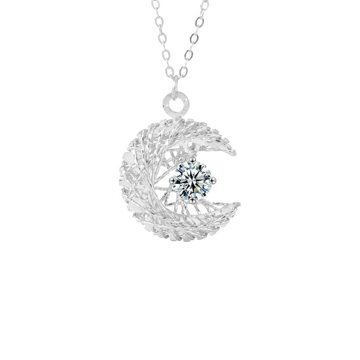 Crescent Moon Nest Round Moissanite Necklace in Gold-Plated S925 sterling silver alternate metal color white background product view showing woven crescent moon nest holding a round moissanite center
