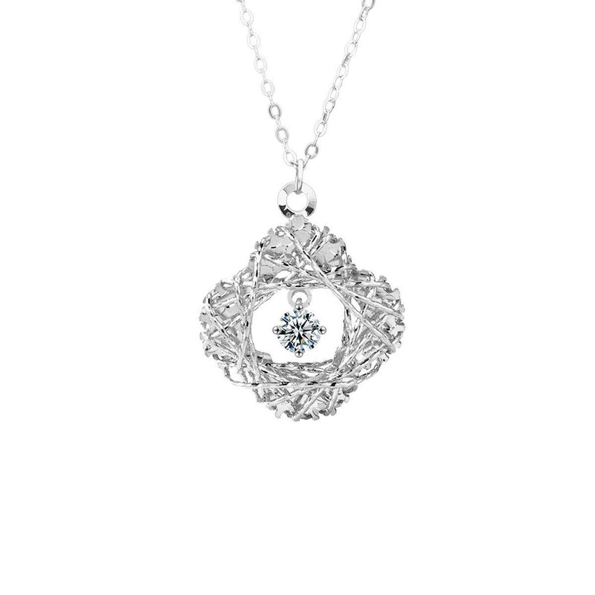Clover Nest Dancing Round Moissanite Necklace in Gold-Plated S925 sterling silver alternate metal color white background product view showing woven four-leaf clover nest framing a dancing round moissanite