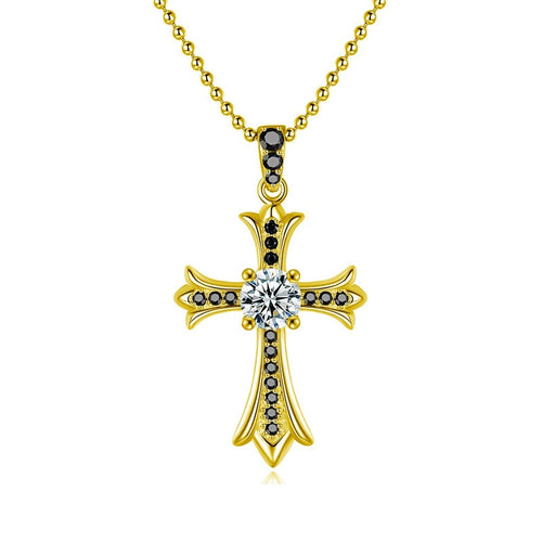 Black CZ Cross Round Moissanite Necklace in Gold-Plated S925 sterling silver white background front product view showing ornate cross pendant with a round moissanite center and black CZ detailing