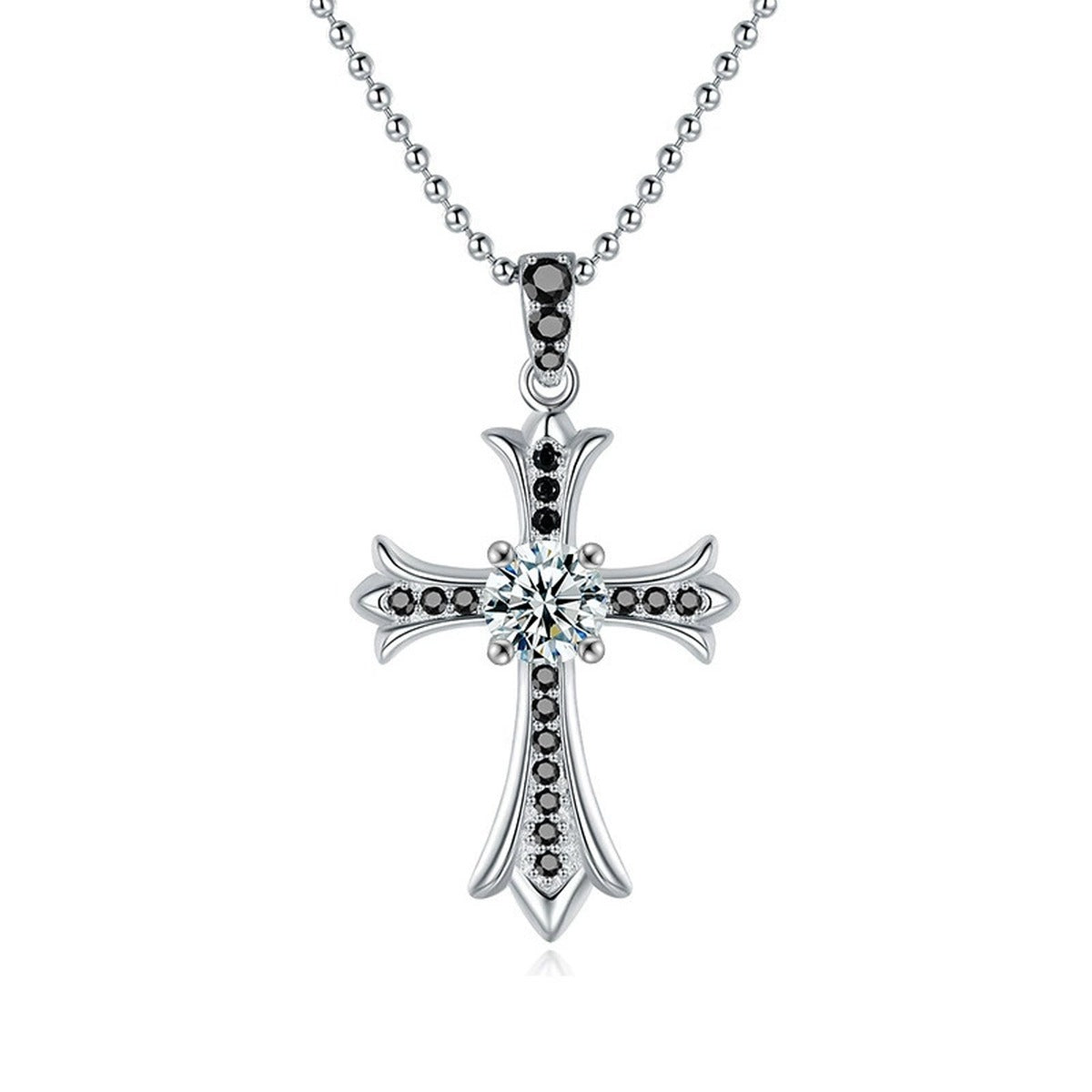 Black CZ Cross Round Moissanite Necklace in Gold-Plated S925 sterling silver alternate metal color white background product view showing ornate cross pendant with a round moissanite center and black CZ detailing