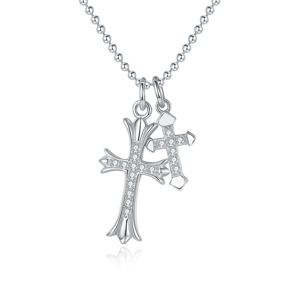 Double Cross Pave Moissanite Necklace in Gold-Plated S925 sterling silver alternate metal color white background product view showing layered double-cross pendant paved with petite round moissanite stones