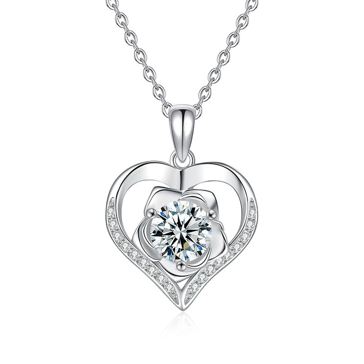 Rose Heart Round Moissanite Necklace with CZ in Gold-Plated S925 sterling silver alternate metal color white background product view showing rose-inspired heart frame surrounding a round moissanite with CZ accents