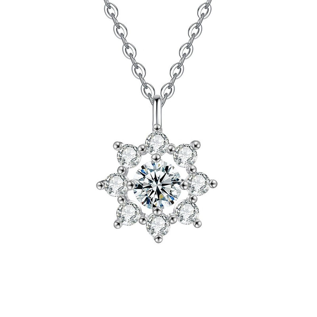 Sunflower Round Moissanite Necklace with CZ in Gold-Plated S925 sterling silver alternate metal color white background product view showing sunflower pendant centered with a round moissanite and CZ-set petals