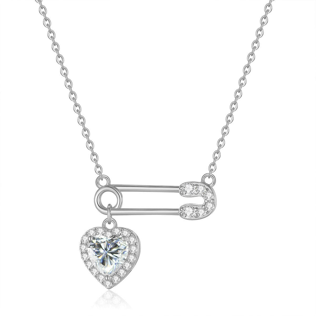 Paperclip Heart Moissanite Necklace with CZ in Gold-Plated S925 sterling silver alternate metal color white background product view showing paperclip pendant suspending a halo-set heart-cut moissanite