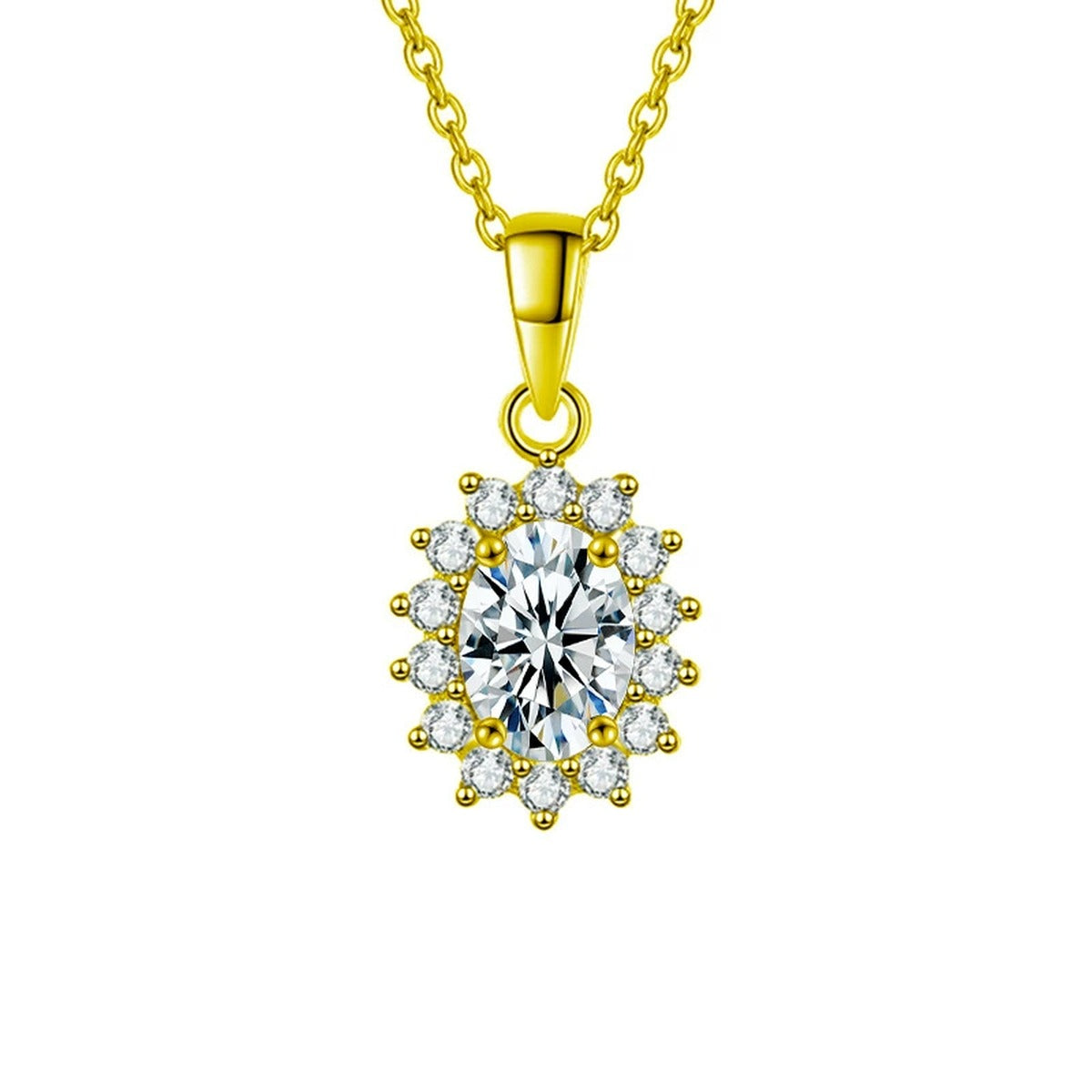 Oval Cut Moissanite Halo Necklace with CZ in Gold-Plated S925 sterling silver white background front product view showing an oval moissanite surrounded by a delicate CZ halo