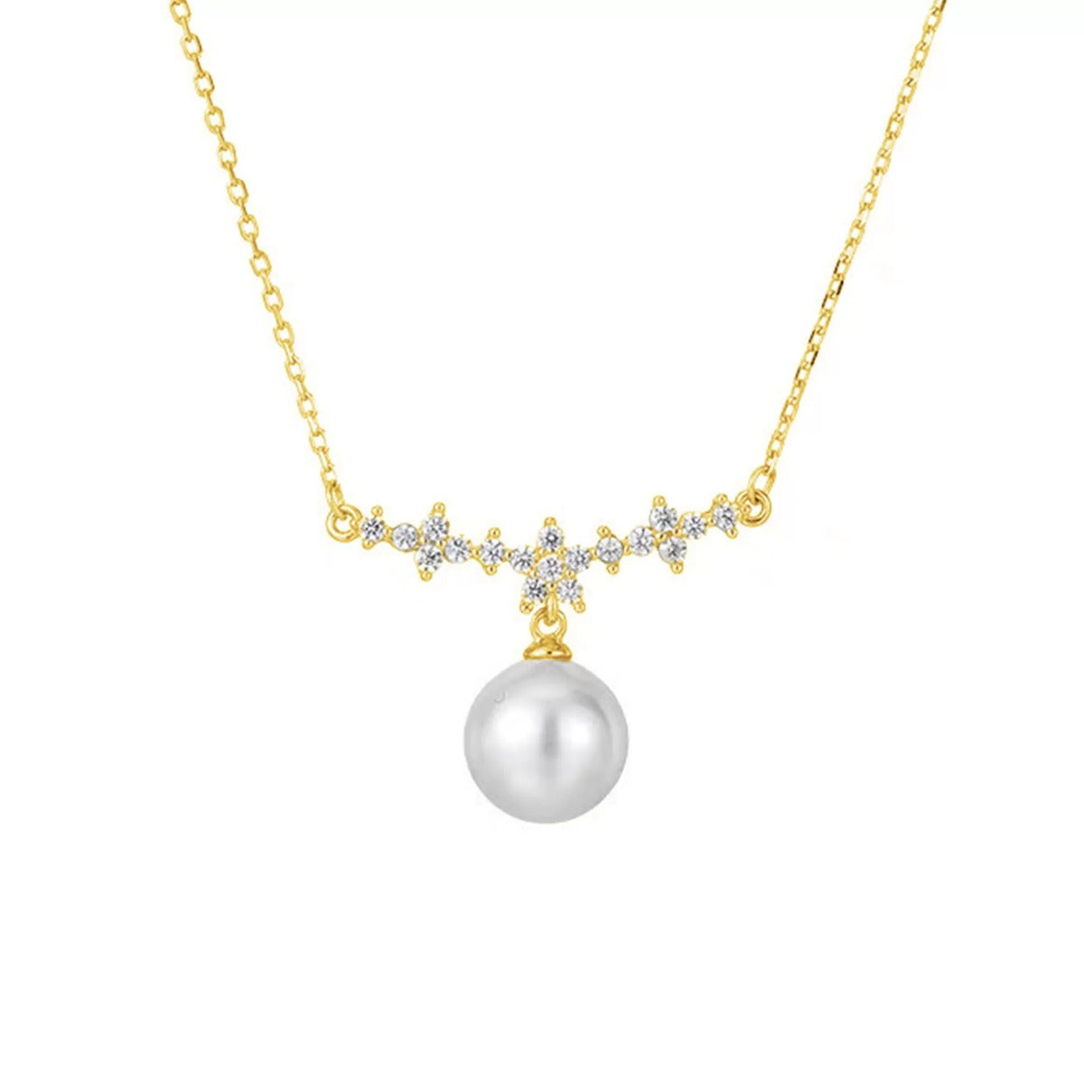 Floral Moissanite and Pearl Drop Necklace in Gold-Plated S925 sterling silver white background front product view showing a floral arc of small moissanite above a pearl drop