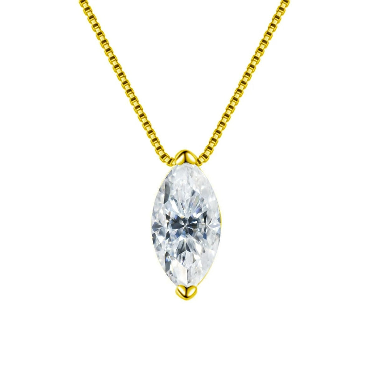Marquise Cut Moissanite Solitaire Necklace in Gold-Plated S925 sterling silver white background front product view showing an elongated marquise solitaire in a minimal setting