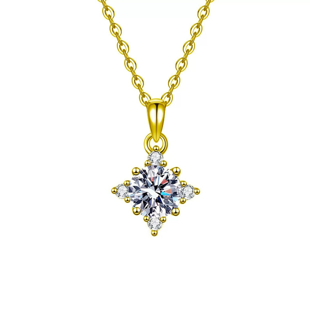 Four-Point Star Round Moissanite Necklace with CZ in Gold-Plated S925 sterling silver white background front product view showing a four-point star halo surrounding a round moissanite