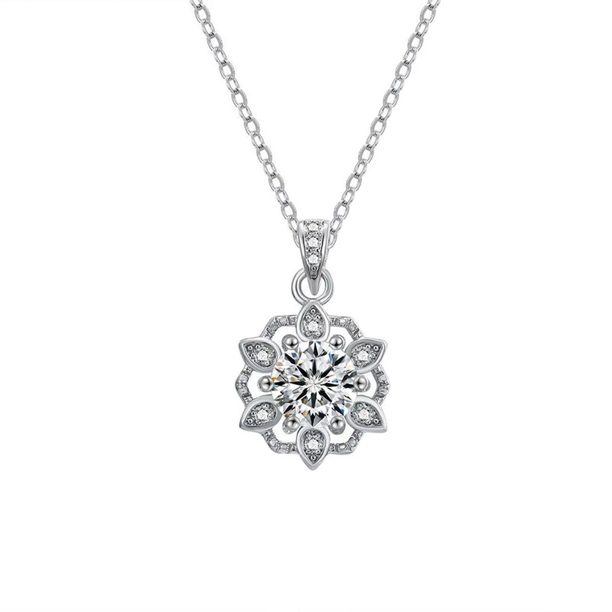 Snowflake Halo Round Moissanite Necklace with CZ in Gold-Plated S925 sterling silver alternate metal color white background product view showing snowflake halo centered with a round moissanite and marquise-shaped CZ details