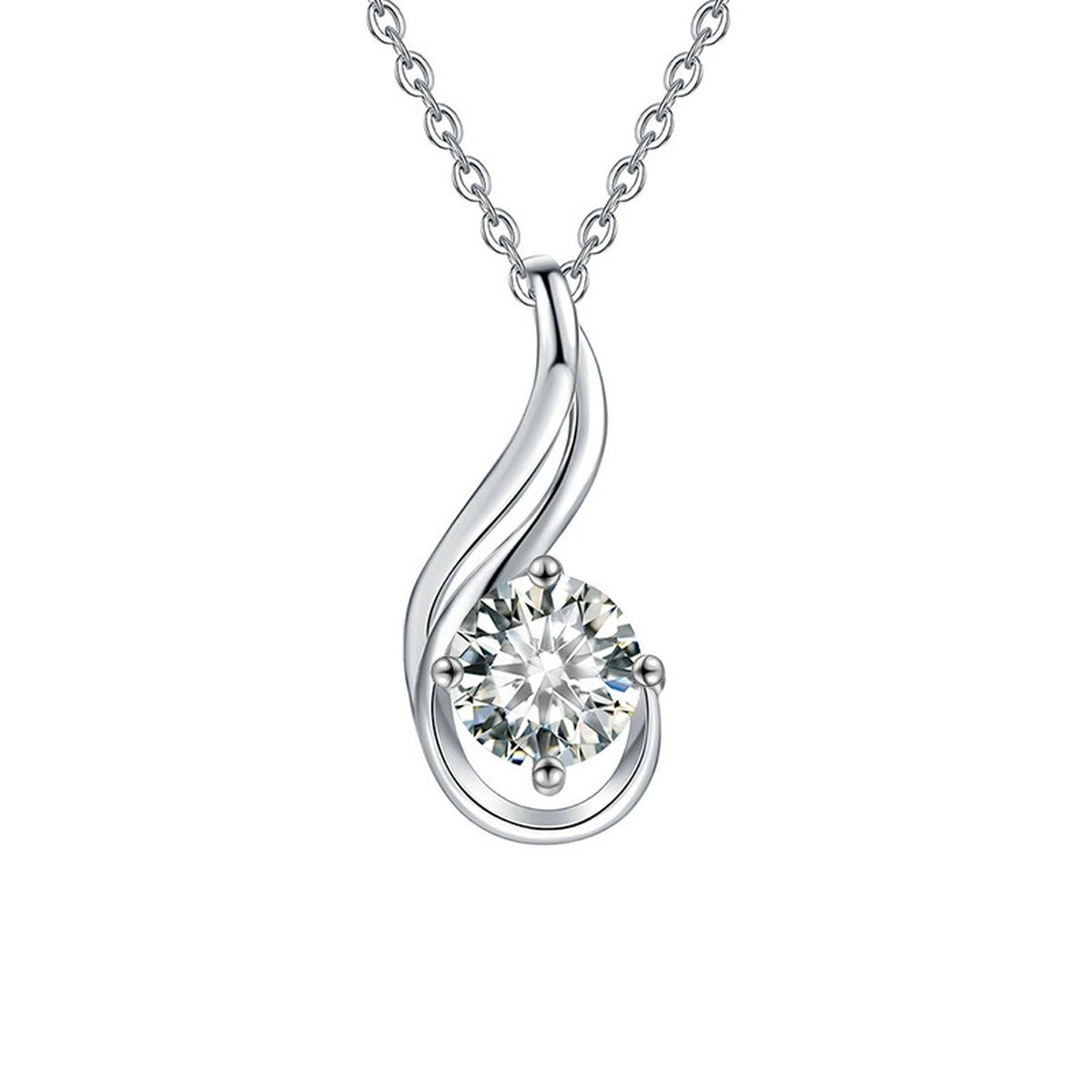 Flame Teardrop Round Moissanite Necklace in Gold-Plated S925 sterling silver alternate metal color white background product view showing fluid flame-like teardrop curve embracing a round moissanite