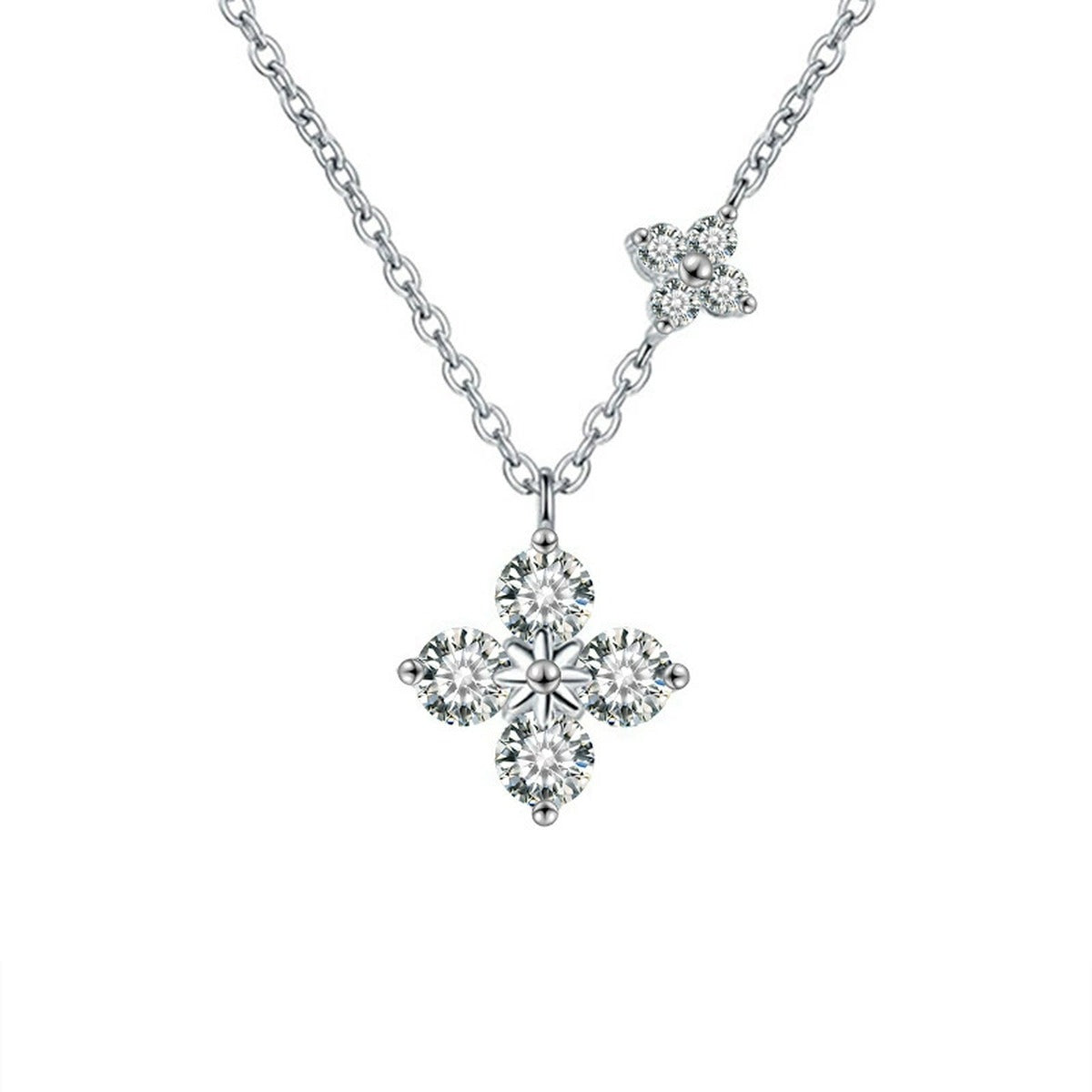 Four-Leaf Clover Round Moissanite Necklace in Gold-Plated S925 sterling silver alternate metal color white background product view showing four-leaf clover formed by four round moissanite petals with a petite chain accent