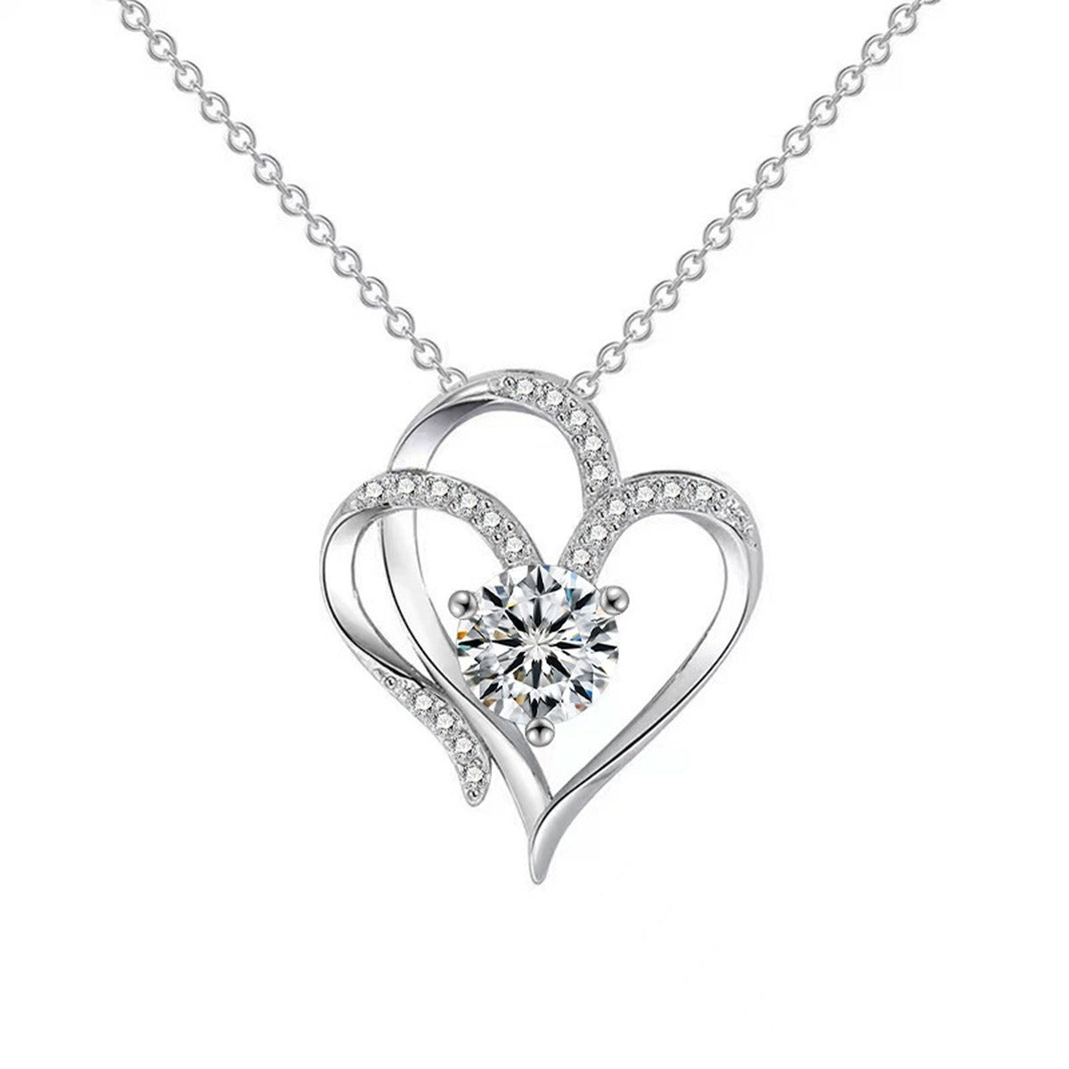 Double Heart Round Moissanite Necklace with CZ in Gold-Plated S925 sterling silver alternate metal color white background product view showing interlaced double-heart pendant centered with a round moissanite