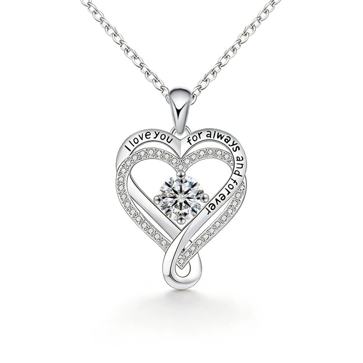 Forever Heart Round Moissanite Necklace with CZ in Gold-Plated S925 sterling silver alternate metal color white background product view showing engraved forever heart pendant centered with a round moissanite and CZ