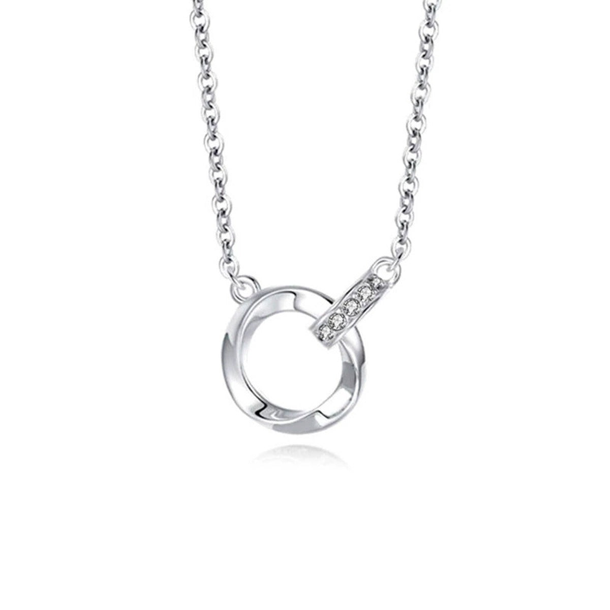 Interlocking Circle Pave Moissanite Necklace in Gold-Plated S925 sterling silver alternate metal color white background product view showing interlocking polished circles joined by a pave moissanite loop