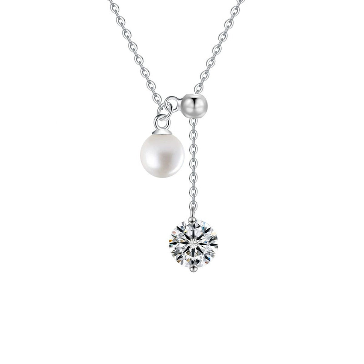 Pearl Tassel Round Moissanite Necklace in Gold-Plated S925 sterling silver alternate metal color white background product view showing adjustable tassel drop pairing a round moissanite with a near-round pearl