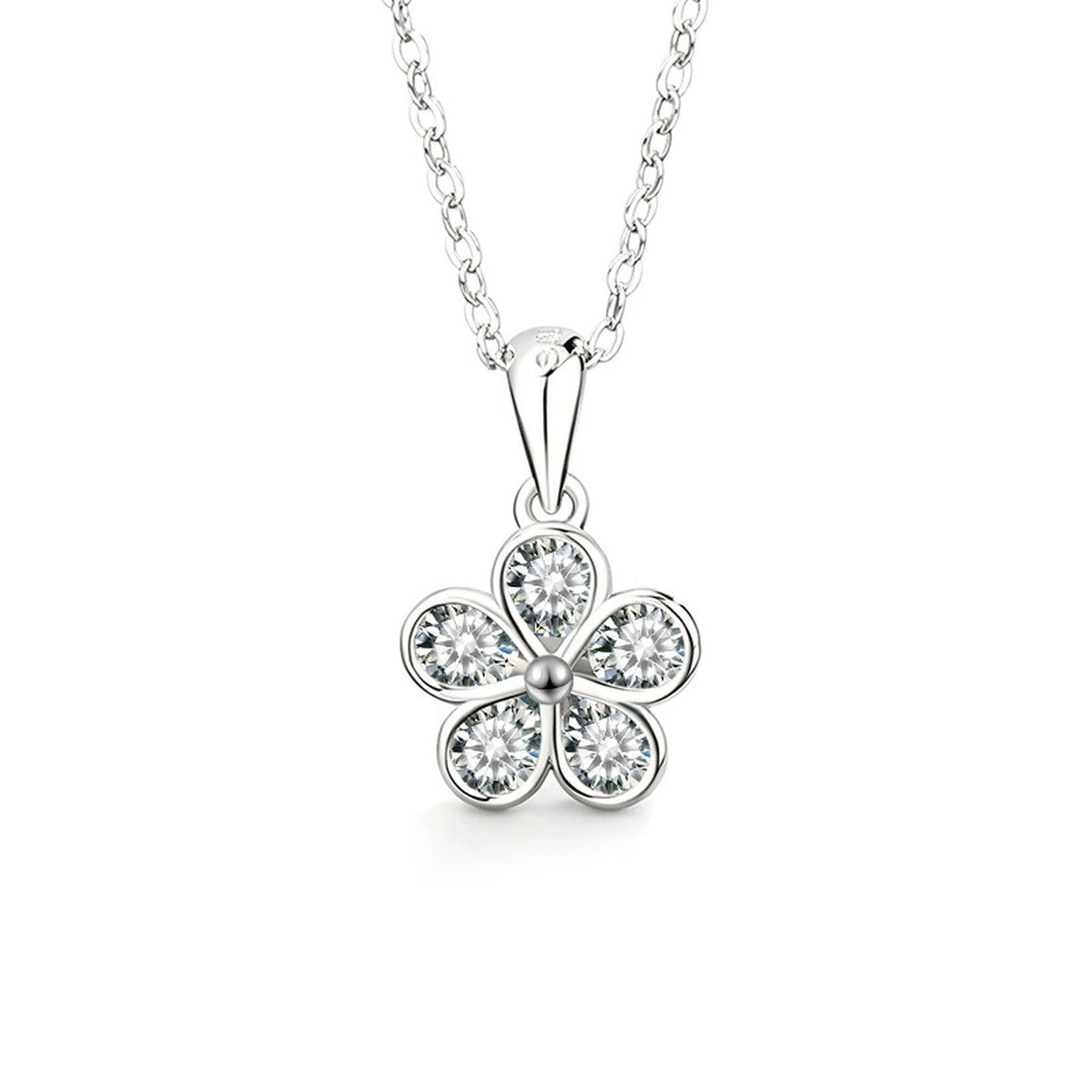 Five-Petal Flower Round Moissanite Necklace in Gold-Plated S925 sterling silver alternate metal color white background product view showing five-petal flower formed by bezel-framed round moissanite stones