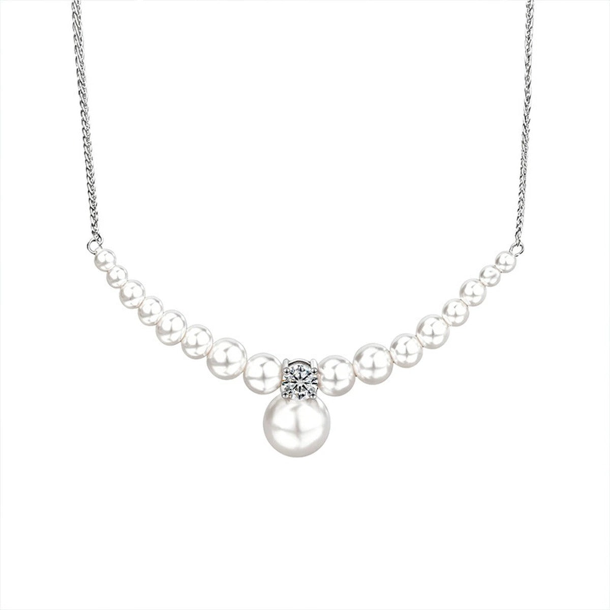 Graduated Pearl Round Moissanite Collar Necklace in Gold-Plated S925 sterling silver alternate metal color white background product view showing graduated near-round pearl collar centered with a round moissanite and pearl drop