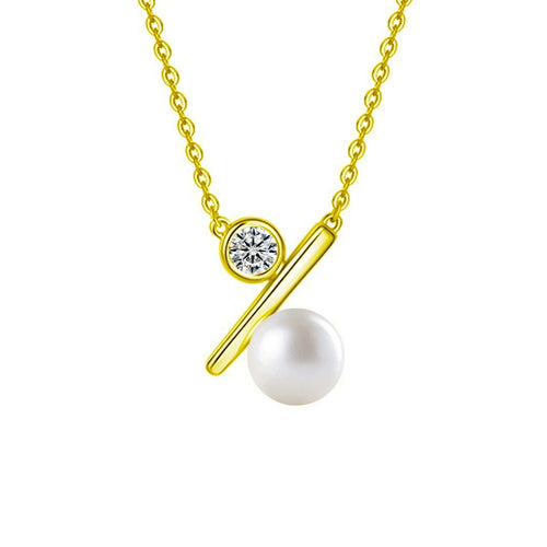 Bar Pearl Round Moissanite Necklace in Gold-Plated S925 sterling silver white background front product view showing minimal polished bar balancing a round moissanite and button pearl