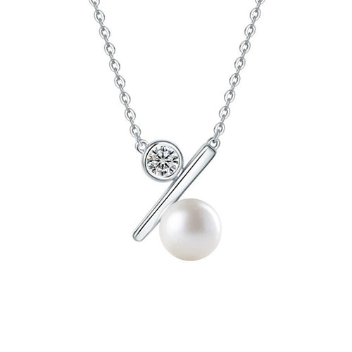 Bar Pearl Round Moissanite Necklace in Gold-Plated S925 sterling silver alternate metal color white background product view showing minimal polished bar balancing a round moissanite and button pearl