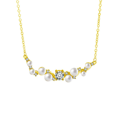 Branch Pearl Round Moissanite Necklace in Gold-Plated S925 sterling silver white background front product view showing curved branch necklace set with mixed button pearls and round moissanite