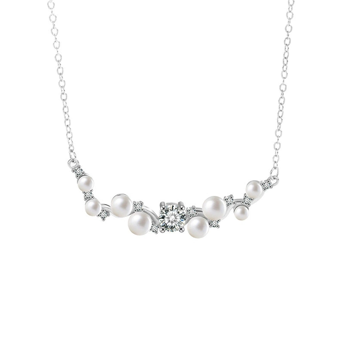 Branch Pearl Round Moissanite Necklace in Gold-Plated S925 sterling silver alternate metal color white background product view showing curved branch necklace set with mixed button pearls and round moissanite