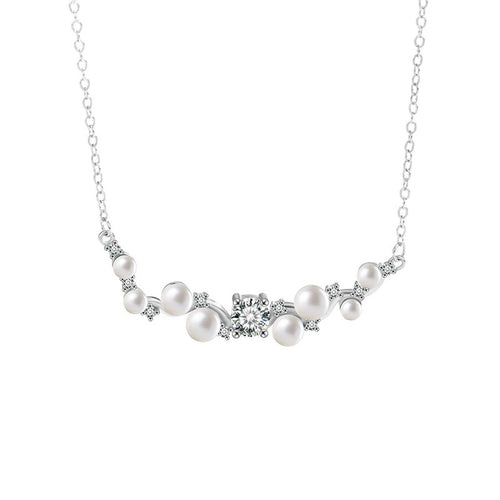 Branch Pearl Round Moissanite Necklace in Gold-Plated S925 sterling silver alternate metal color white background product view showing curved branch necklace set with mixed button pearls and round moissanite